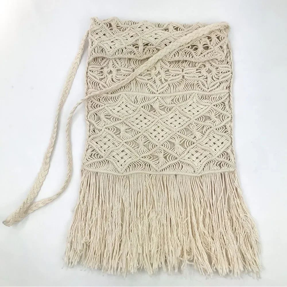 Handcrafted Cream Crochet Fringed Boho Festival Beach Retro Shoulder Bag